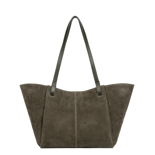 Sac cabas porté épaule en cuir velours Khaki Lancaster