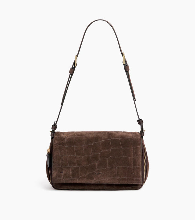 Aurore Petit sac bandoulière en cuir refente de velours embossé crocodile Le Tanneur